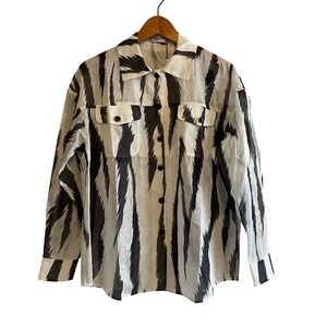 LEO LIN SYDNEY Zebra Print Sheer Linen Blend Button Up Shirt Women's Medium NWT